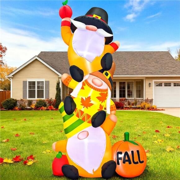 6FT Thanksgiving Inflatables Decorations Blow Up Three Gnomes with Pumpkin - Picture 1 of 7